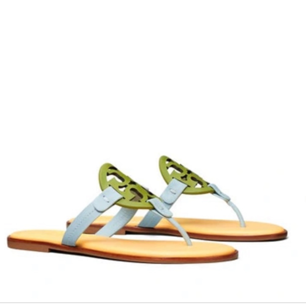Tory Burch Light Blue and Green Leather Logo Thong Sandals - Picture 3 of 3